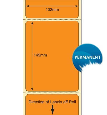 TB00617501 - Orange PMS 021, 102 x 149mm Top Coated Direct Thermal Paper Label with Permanent Adhesive