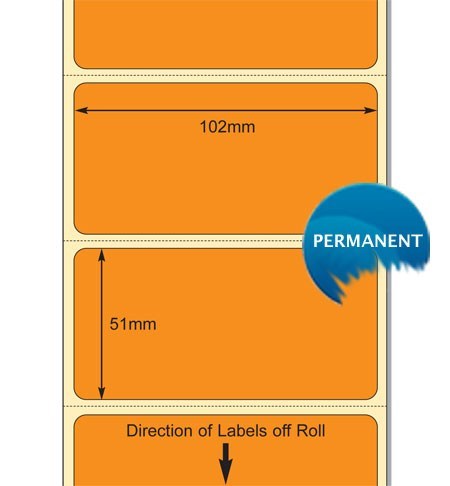 TB00617491 - Orange PMS 021, 102 x 51mm Top Coated Direct Thermal Paper Label with Permanent Adhesive