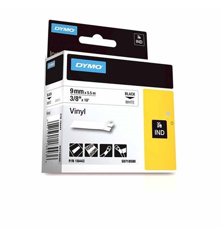 18443 - Dymo RHINOpro Data Cartridge Label, White, Vinyl, Permanent, 9.53mm x 5.49m