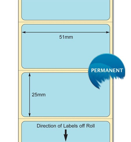 TB00617476 - Blue PMS 304,  51mm x 25mm Top Coated DT Paper Label, Permanent Adhesive