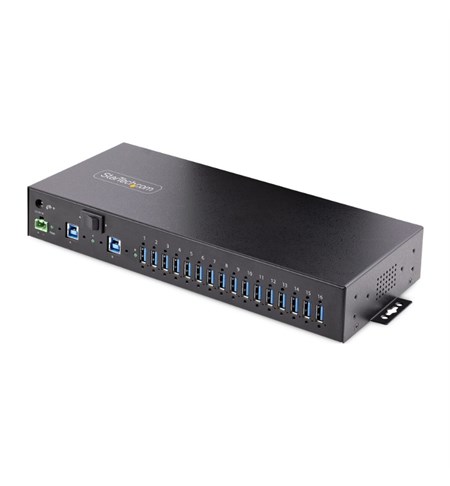 16-Port Industrial USB 3.0 Hub 5Gbps, Metal, DIN/Surface/Rack Mountable, ESD Protection, Terminal Block Power, up to 120W Shared USB Charging, Dual-Host Hub/Switch