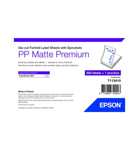 Epson PP Matte Label Premium Labels, Die-Cut Fanfold, 203mm x 305mm 7113415