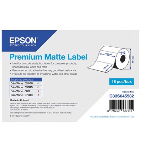 Epson Premium Matte Label Roll, Die-Cut Label (102mm x 76mm)