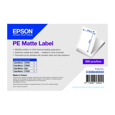 C33S045552 - PE Matte Label, Die-cut Fanfold sheets with sprockets: 203mm x 305mm, 500 labels