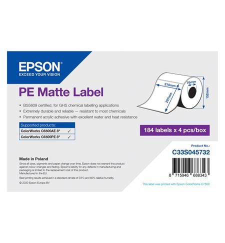 PE Matte Label - Die-Cut Roll: 210mm x 297mm, 184 labels x 4 rolls