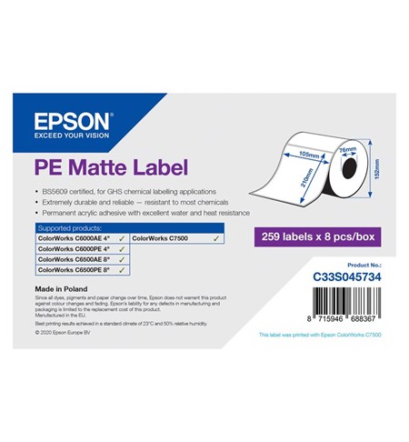 PE Matte Label - Die-Cut Roll: 105mm x 210mm, 259 labels x 8 rolls