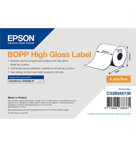 C33S045736 - Epson BOPP High Gloss Label, Continuous Roll 203mm x 68m