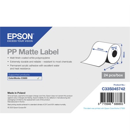 C33S045742 - PP Matte Label - Continuous Roll: 51mm x 29m, 24 rolls per box