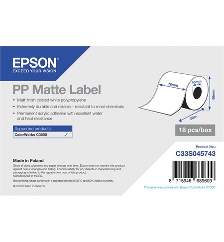 C33S045743 - PP Matte Label - Continuous Roll: 76mm x 29m, 18 rolls per box