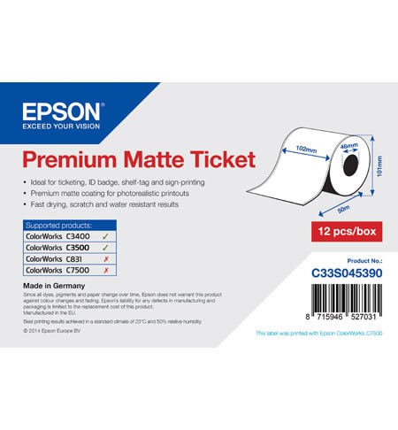 C33S045390 - Premium Matte Ticket Roll, Continuous Paper (102mm x 50m)