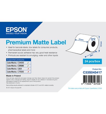 C33S045417 - Premium Matte Label Roll, Continuous Label (51mm x 35m)