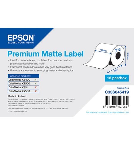 C33S045419 Epson Premium Matte Label Roll, Continuous Label:102mm x 35m, Box of 18 Rolls