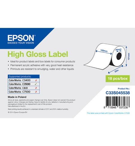 C33S045538 - High Gloss Label Roll, Continuous Label (102mm x 33m)