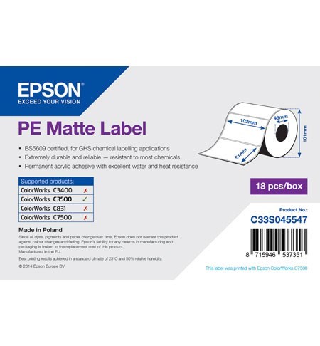 C33S045547 - PE Matte Label Roll, Die-Cut Label (102 x 51mm)