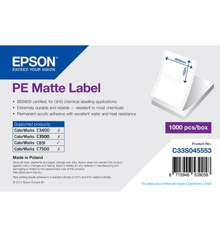 C33S045553 - PE Matte Label - Die-cut Fanfold sheets with sprockets: 203mm x 152mm, 1000 labels