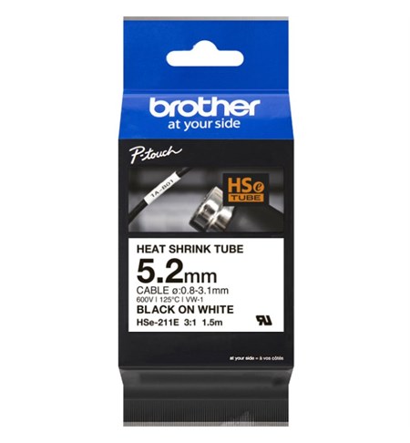 HSE-211E Brother Heat Shrink Tube Tape Cassette - Black on White, 5.2mm x 1.5m