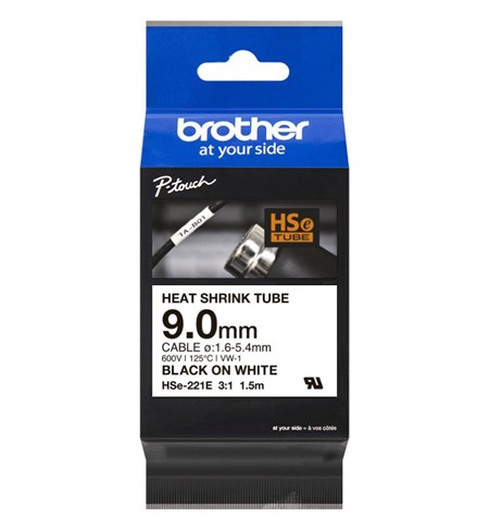 HSE-221E Brother Heat Shrink Tube Tape Cassette - Black on White, 9mm x 1.5m