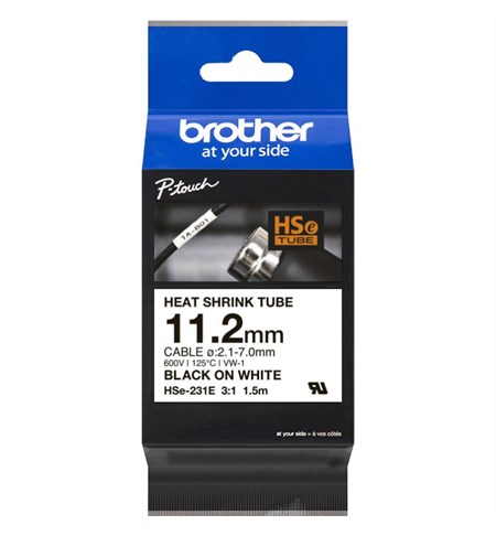 HSE-231E Brother Heat Shrink Tube Tape Cassette - Black on White, 11.2mm x 1.5m
