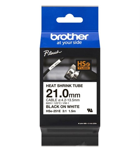 HSE-251E Brother Heat Shrink Tube Tape Cassette - Black on White, 5.2mm x 1.5m