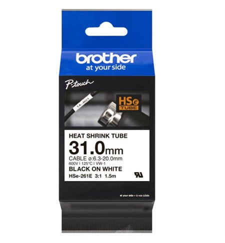 HSE-261E Brother Heat Shrink Tube Tape Cassette - Black on White, 31mm x 1.5m