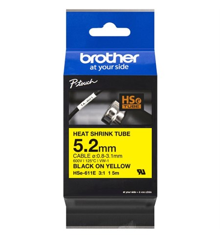 HSE-611E Brother Heat Shrink Tube Tape Cassette - Black on Yellow, 5.2mm x 1.5m