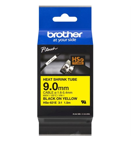 HSE-621E Brother Heat Shrink Tube Tape Cassette - Black on Yellow, 9mm x 1.5m