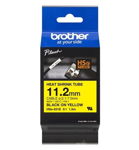 HSE-631E Brother Heat Shrink Tube Tape Cassette - Black on Yellow, 11.2mm x 1.5m