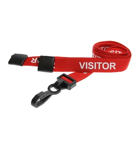 Red Visitor Lanyards with Breakaway and Plastic J Clip, Pack of 100 - L-B-VISRDP
