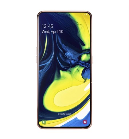 Galaxy A80, 6.7in S AMOLED display, 3 x rear cameras, Android, Gold.