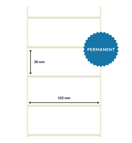  102mm x 38mm, White, DT Top Coated Perforated Paper Label, Pemanent Adhesive (25mm Core / 127mm OD) 