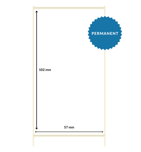  57mm x 102mm, White, DT Top Coated Perforated Paper Label, Permanent Adhesive (25mm Core / 127mm OD) 