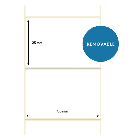  38mm x 25mm, White, DT Top Coated Perforated Paper Label, Removable Adhesive (25mm Core / 127mm OD) 