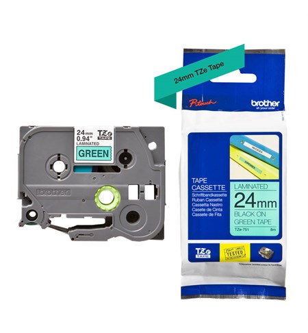 Brother TZe-751 Labelling Tape Cassette – Black on Green, 24mm
