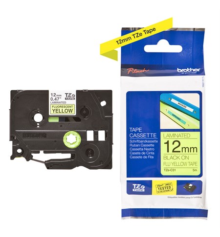Brother TZe-C31 Labelling Tape Cassette – Black on Fluorescent Yellow, 12mm