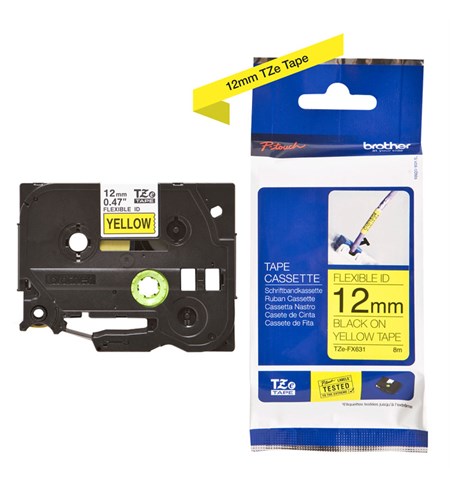 Brother TZe-FX631 Labelling Tape Cassette – Black on Yellow Flexible-ID, 12mm