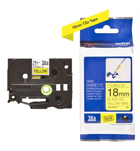 Brother TZe-FX641 Labelling Tape Cassette – Black on Yellow Flexible-ID, 18mm