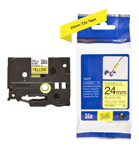 Brother TZe-FX651 Flexible ID Tape – Black on Yellow Flexible-ID, 24mm 