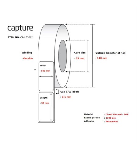 CA-LB3012 Capture White Direct Thermal Label, 100 x 50 mm, Permanent
