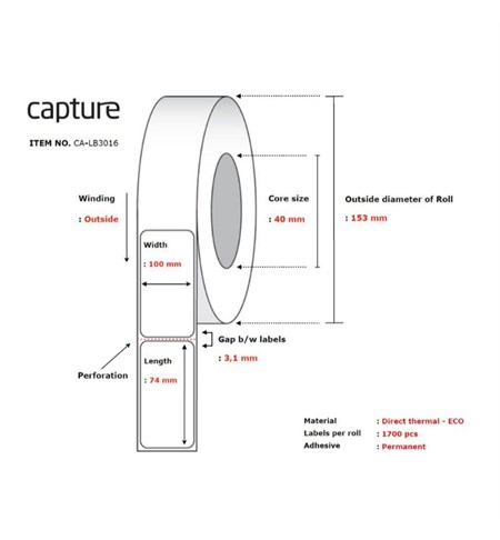 CA-LB3016 Capture White Direct Thermal Label, 100 x 74 mm, Permanent