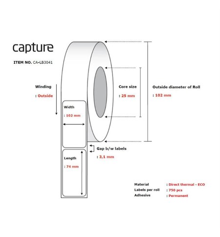 CA-LB3041 Capture White Direct Thermal Label, 102 x 74 mm, Permanent