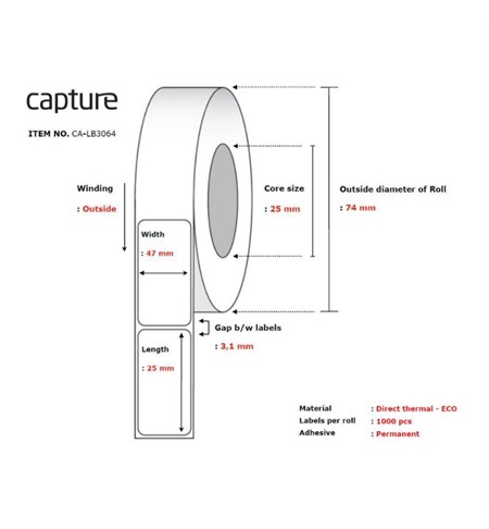 CA-LB3064 Capture White Direct Thermal Label, 47 x 25 mm, Permanent 