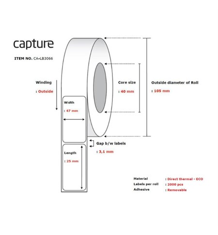 CA-LB3066 Capture White Direct Thermal Label, 47 x 25 mm, Removable