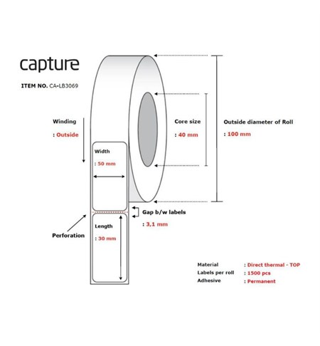 CA-LB3069 Capture White Direct Thermal Label, 50 x 30 mm, Permanent