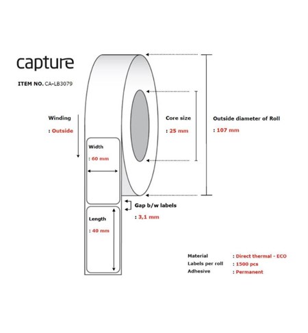 CA-LB3079 Capture White Direct Thermal Label, 60 x 40 mm, Permanent