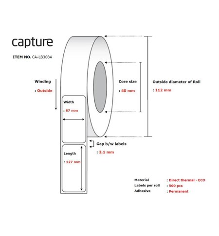 CA-LB3084 Capture White Direct Thermal Label, 87 x 127 mm, Permanent