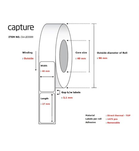 CA-LB3089 Capture Direct Thermal Label, 40 x 27 mm, White, Removable 