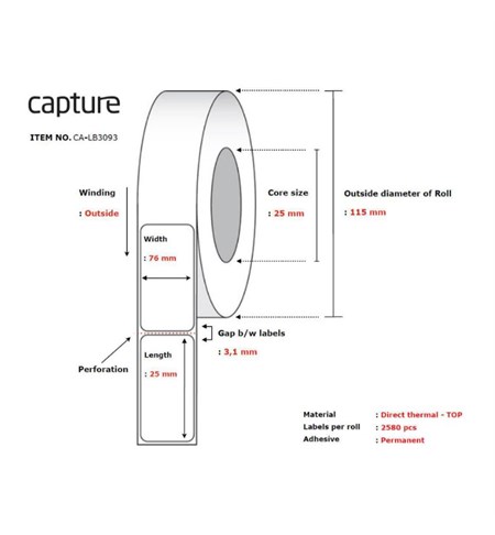 CA-LB3093 Capture White Direct Thermal Label, 76 x 25 mm, Permanent