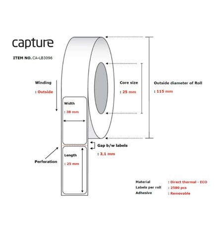 CA-LB3096 Capture White Direct Thermal Label, 38 x 25 mm, Removable