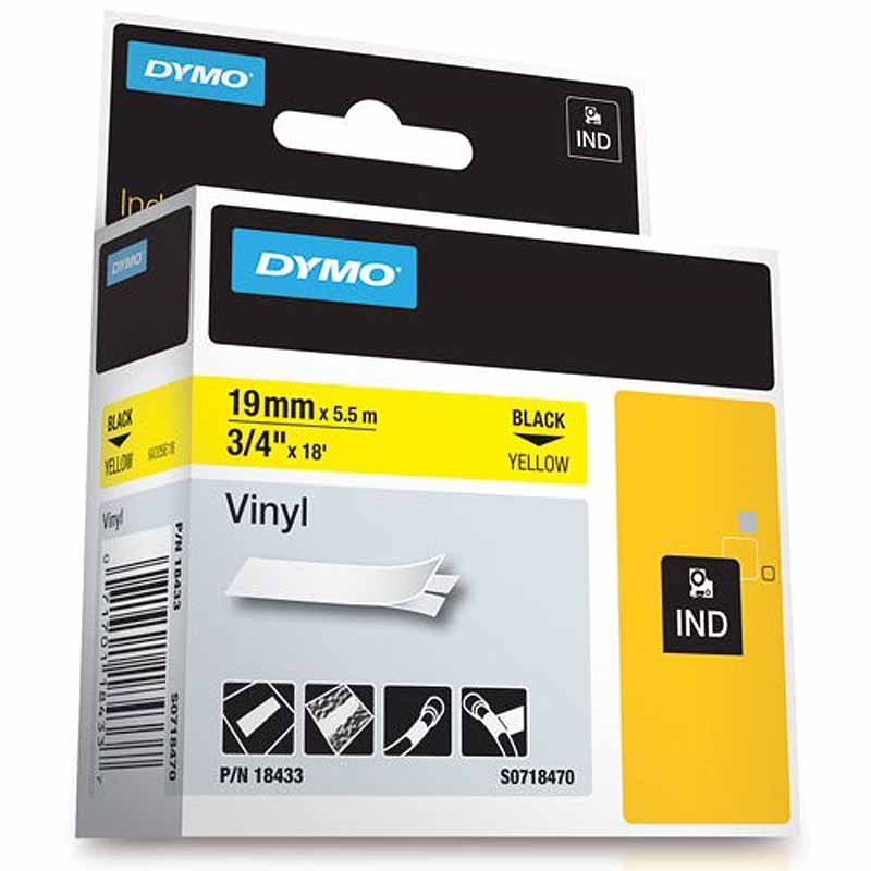 Black on Yellow VINYL LABEL Tape 3/4" 18433 for Dymo RHINO 3M PL150 LW 4200 19mm 